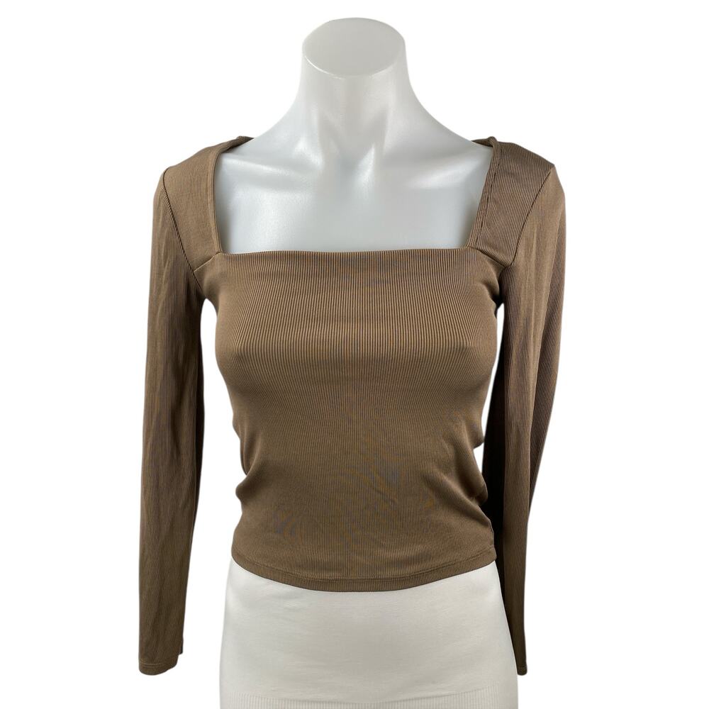 Stradivarius Women's Brown Square Neck Rib Knit Long Sleeve Crop Shirt Top Sz S